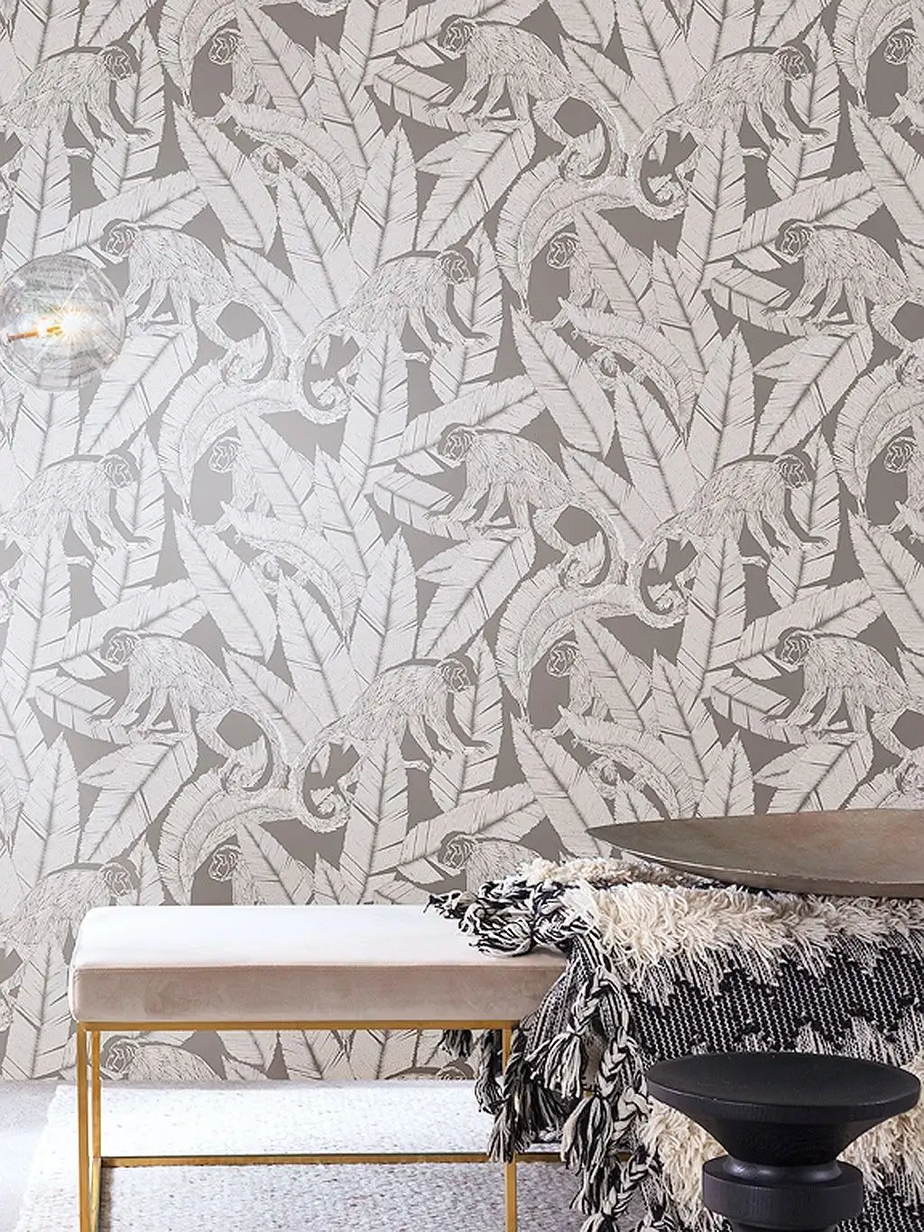 Monkey Rock - Blätter - Tier Tapeten - Hellbraun - Silber - Masureel