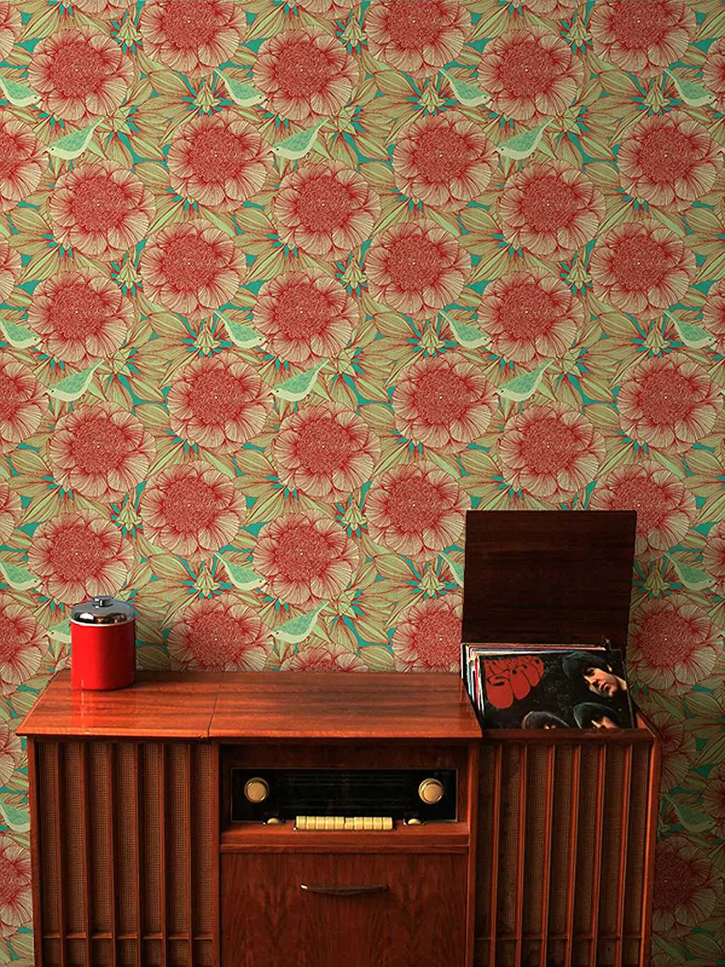 Victoria, red - Blumen - Tapeten mit Vogelmotiven - Hellgrün - Mint - Rot - Camilla Meijer