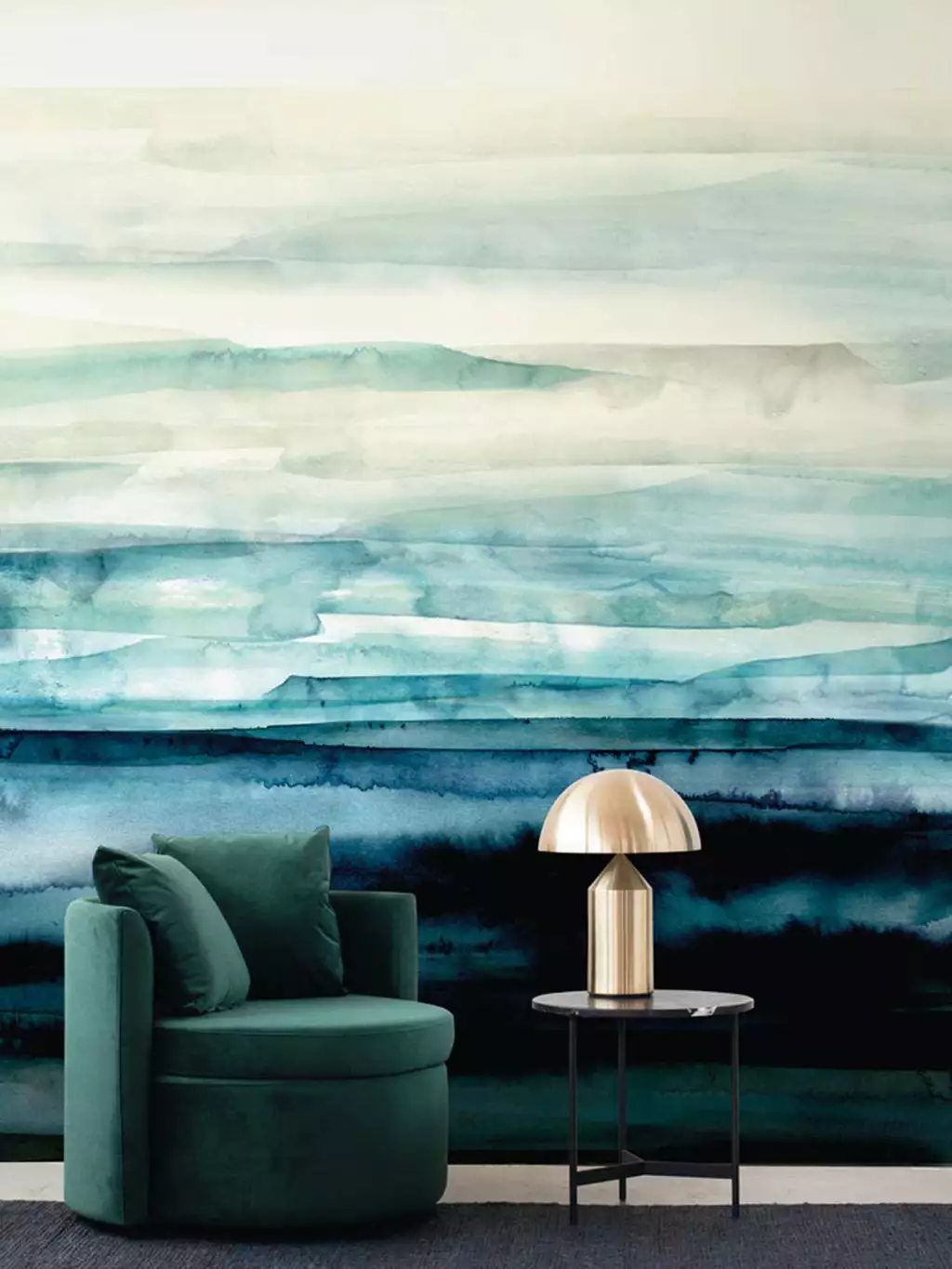 Sediment Wallpaper, turquoise - Aquarell - Farbverlauf - Großmotiv - Moderne Muster - Perlmutt - Boudin blue - Petrol - Türkis - Emma Hayes