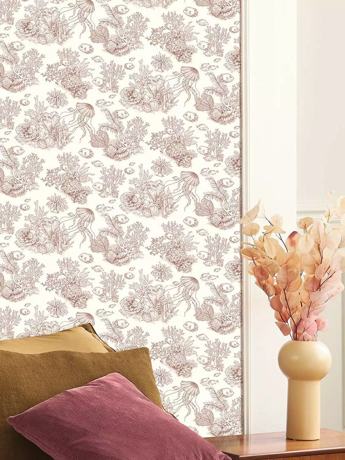 Côte Sauvage, col. 38 - Fische - Meer - Unterwasserwelt - Zeichnungen - Rot - Weinrot - Casadeco