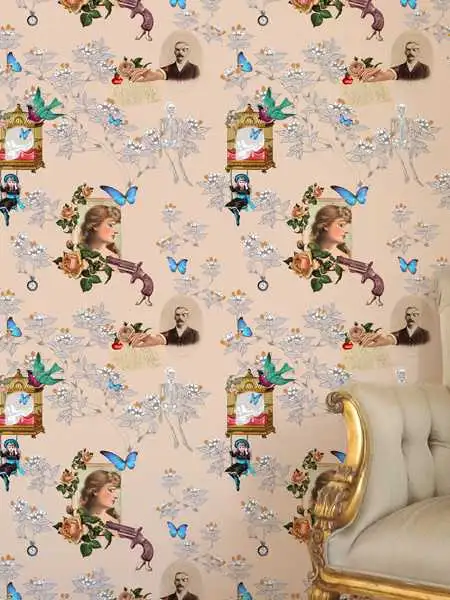 Wings and pistols,col.1 - Blumen - Blätter - Figuren - Tapeten mit Vogelmotiven - Tier Tapeten - Blau - Creme - Orange - Rot - Elli Popp