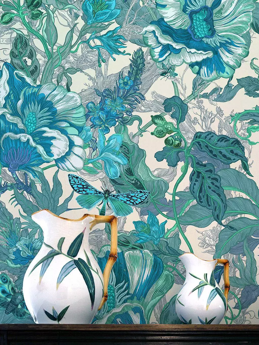Papaver, col. 01 - Blumen - Blätter - Florale Muster - Schmetterlinge - Blau - Türkis - Timorous Beasties