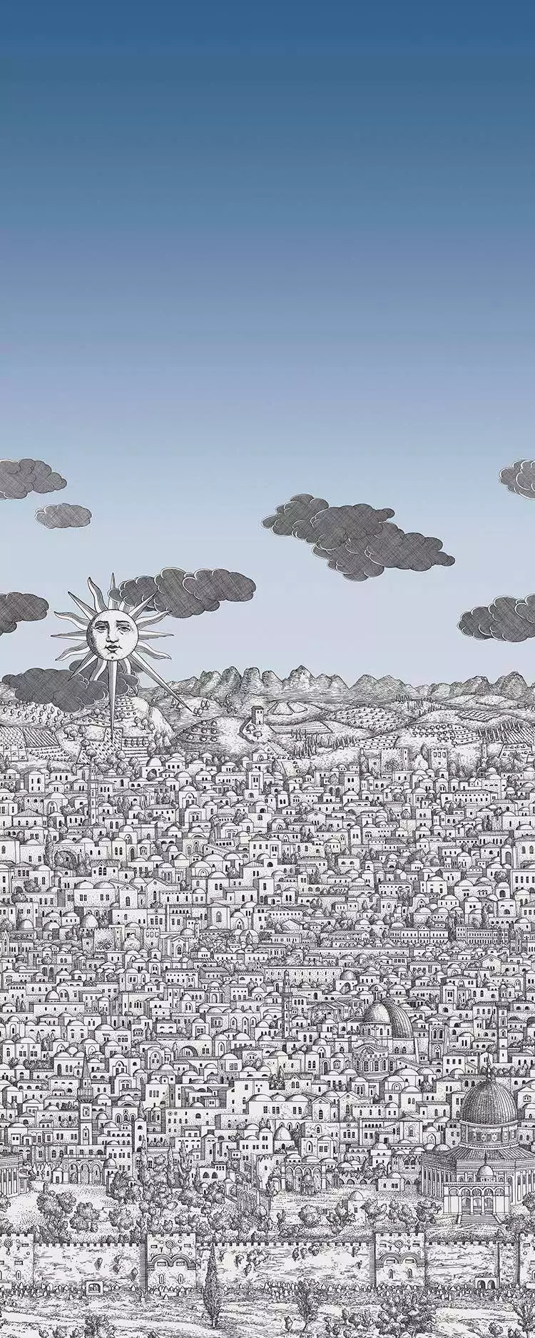 Vista Mediterranea, col. 14 - Landschaft - Sonne - Stadt - Boudin blue - Grau - Hellblau - Weiß - Cole & Son