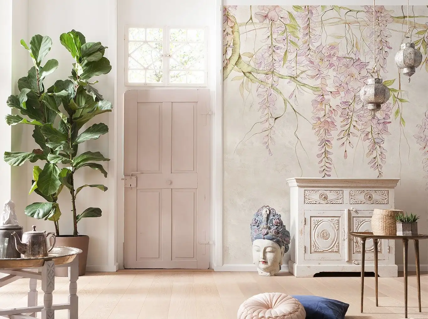 Fototapete Wisteria - Blumen - Blätter - Creme - Hellgrün - Rosa - Komar.Vlies