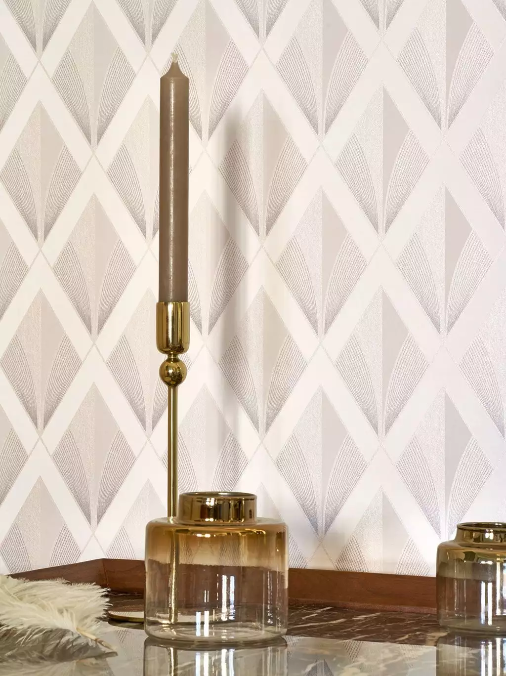 Chrysler, blanc neige - Art Deco - Fächer - Klassische Muster - Creme - Silber - Casadeco