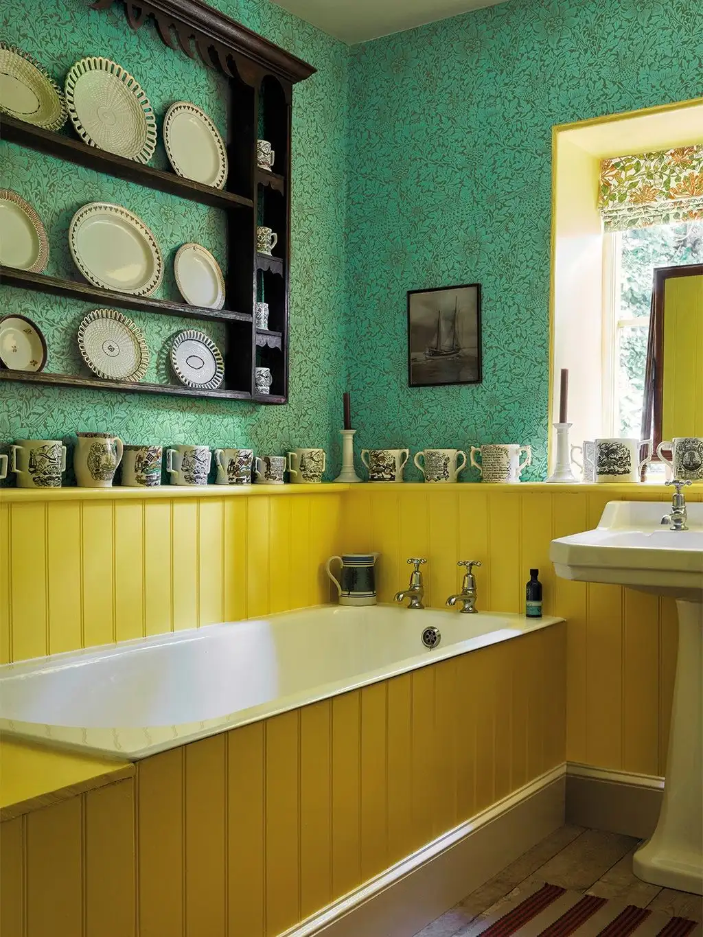 Bird & Anemone Olive/Turquoise - Blumen - Blätter - Tapeten mit Vogelmotiven - Tier Tapeten - Grün - Türkis - Morris & CO