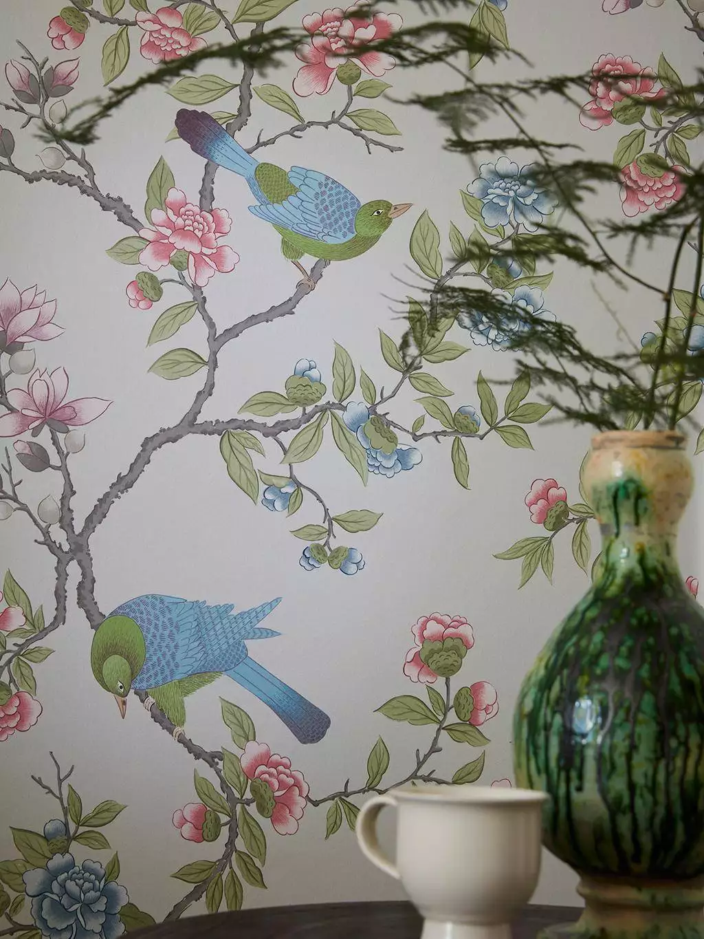 Aderyn, French Grey - Blumen - Blätter - Bäume - Florale Muster - Vögel - Grau - Multicolor - Little Greene