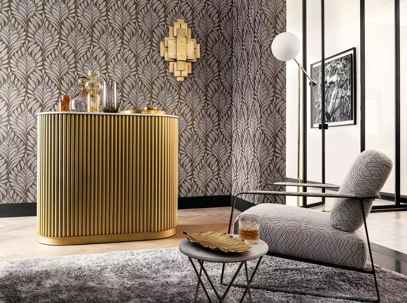 Gustav,col. 10 - Blätter - Creme - Gold - Schwarz - Casamance