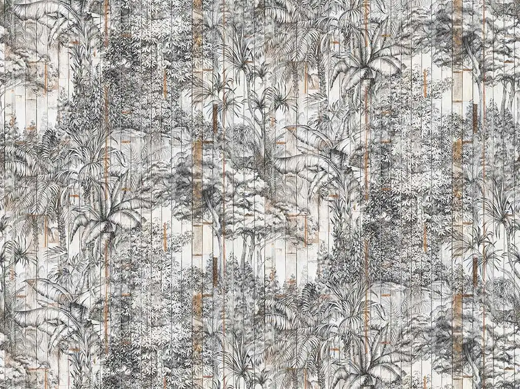 Secret Garden, Bali Boards - Bäume - Holzdesign / Holzoptik - Holzdesign / Holzoptik: - Landschaft - Anthrazit - Creme - Ocker - Rebel Walls