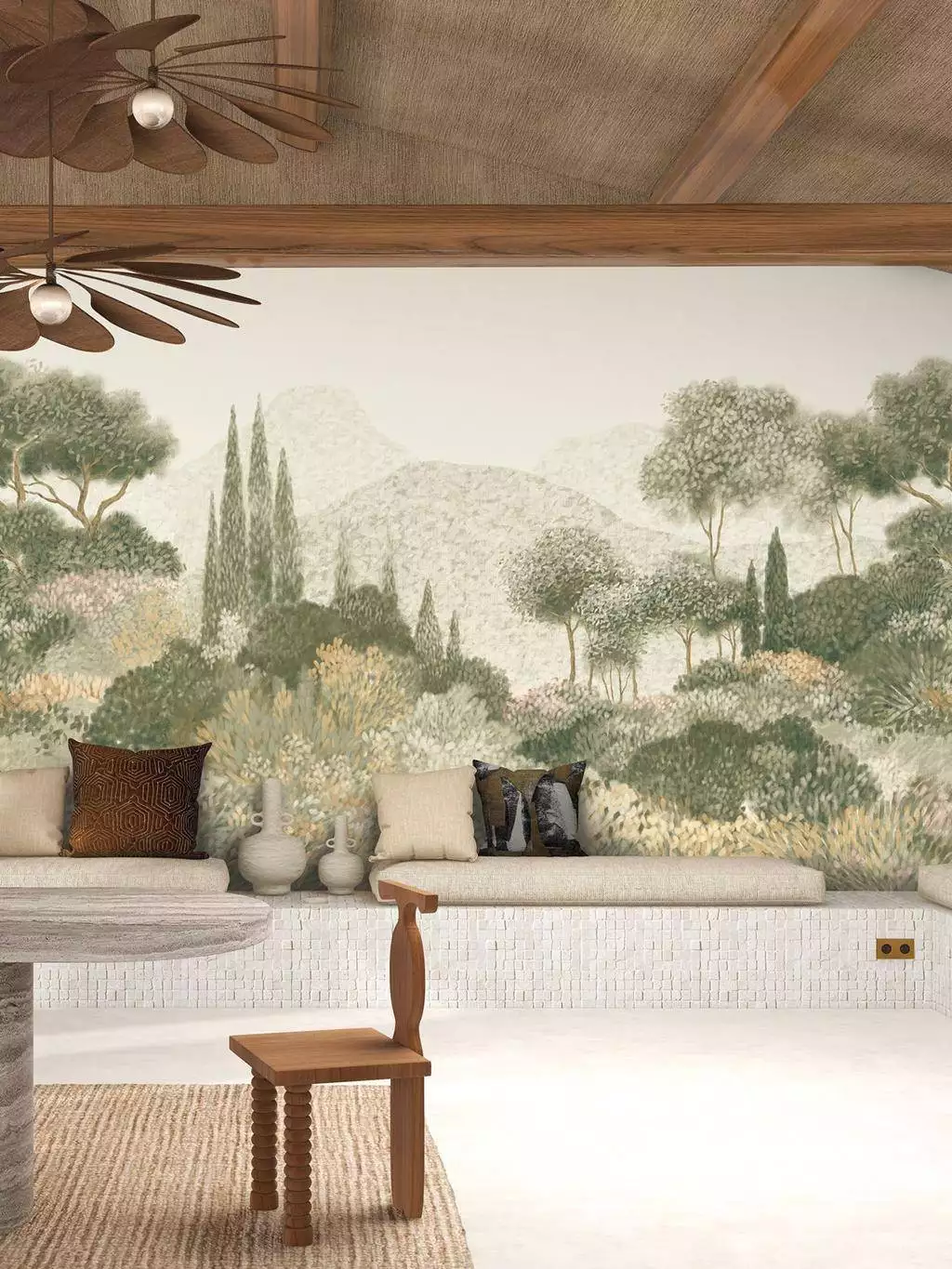 Maquis Corse col. 1324 - Blumen - Blätter - Bäume - Florale Muster - Großmotiv - Landschaft - Wald - Creme - Grün - Hellbraun - Hellgrün - Casamance