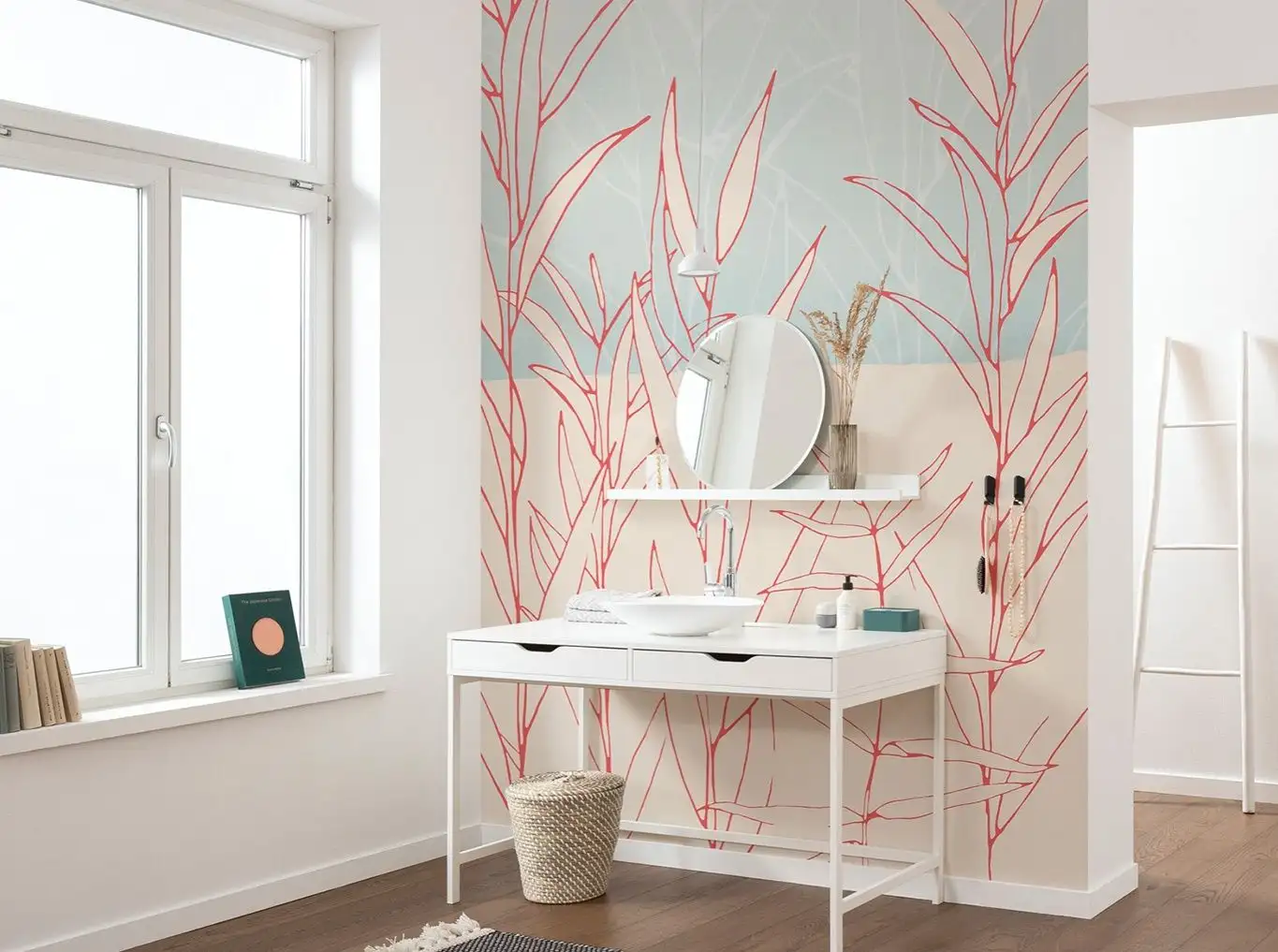 Plain - Blätter - Creme - Hellblau - Rot - Komar.Vlies