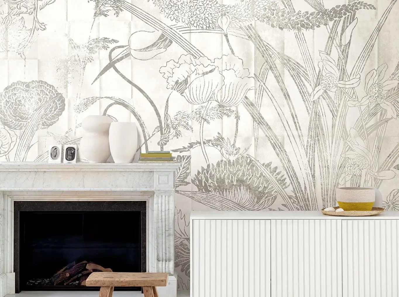 Lei crayon, col. 01 - Blumen - Blätter - Anthrazit - Creme - Weiß - Masureel