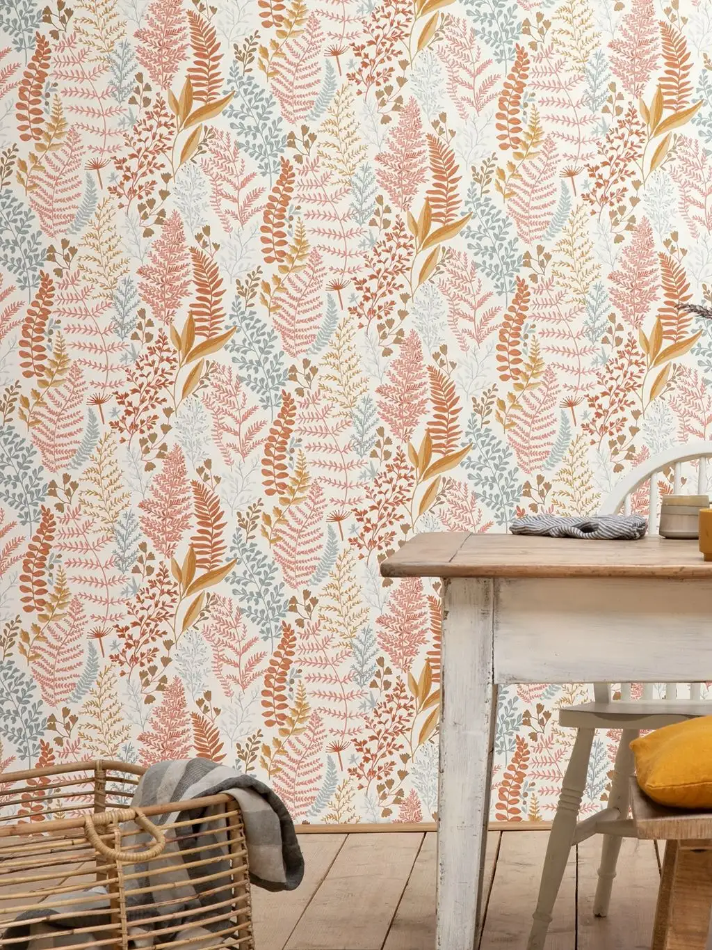 Woodland, col. 06 - Blätter - Gold - Hellblau - Hellbraun - Ocker - Rosa - Weiß - Casadeco