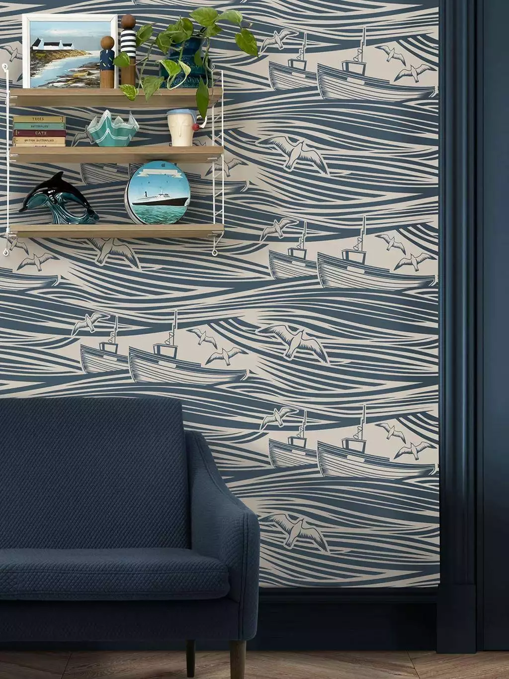 Whitby, washed denim - Nautic - Tier Tapeten - Wellen - Blau - Creme - Mini Moderns