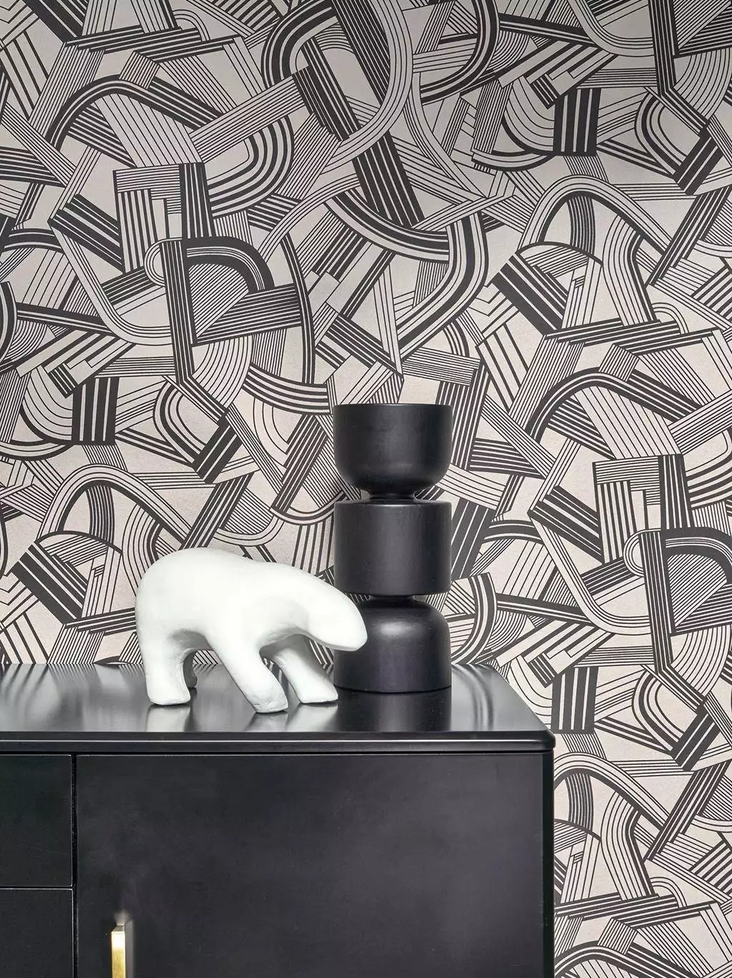 Music Hall, beige lin noir - Art Deco - Grafische Muster - Schwarz - Schwarz und Weiß - Silber! - Casadeco