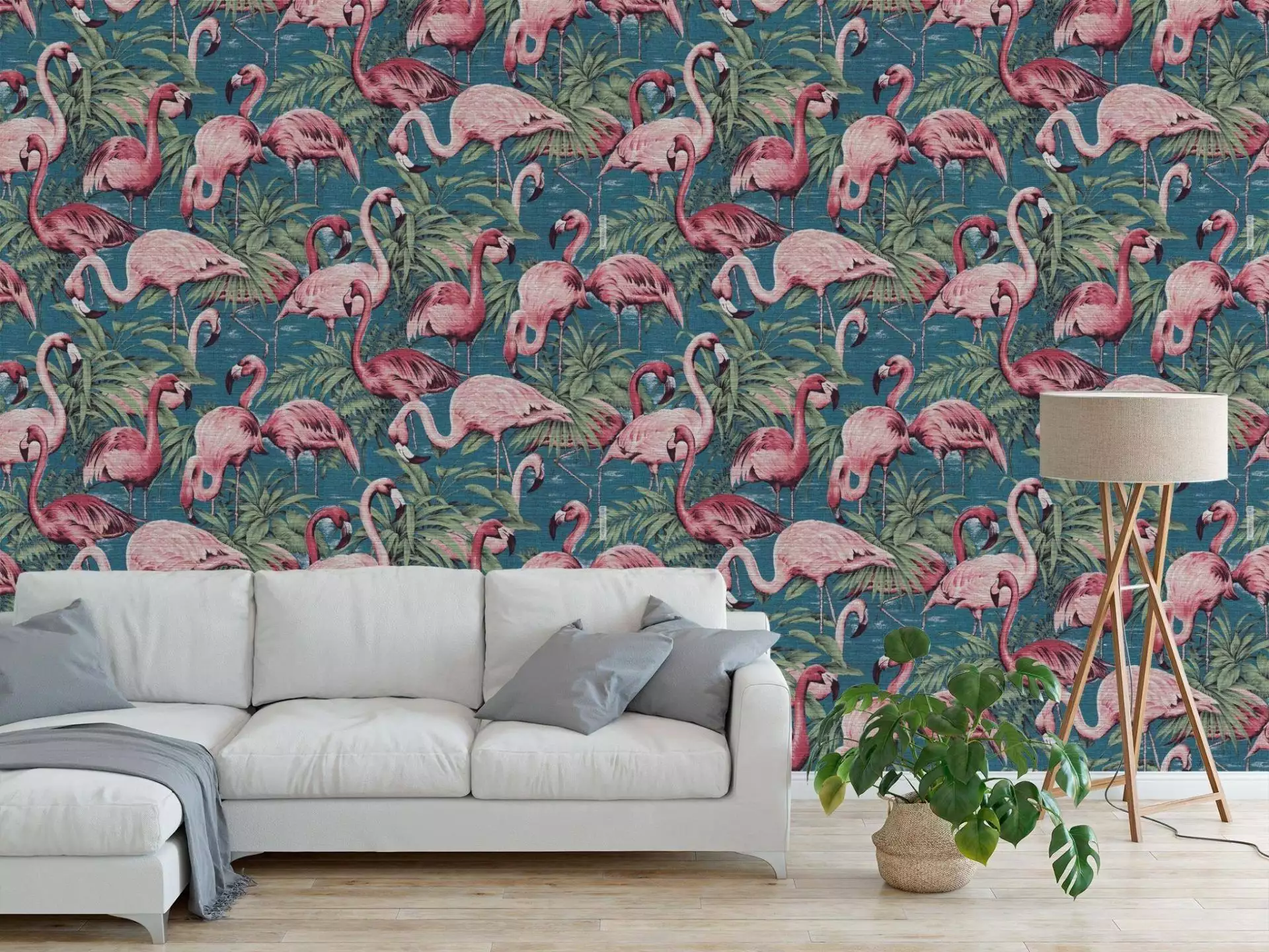 Flamingo, col.41 - Flamingos - Gewebe - Stofftapeten - Tapeten mit Vogelmotiven - Tier Tapeten - Petrol - Pink - ARTE