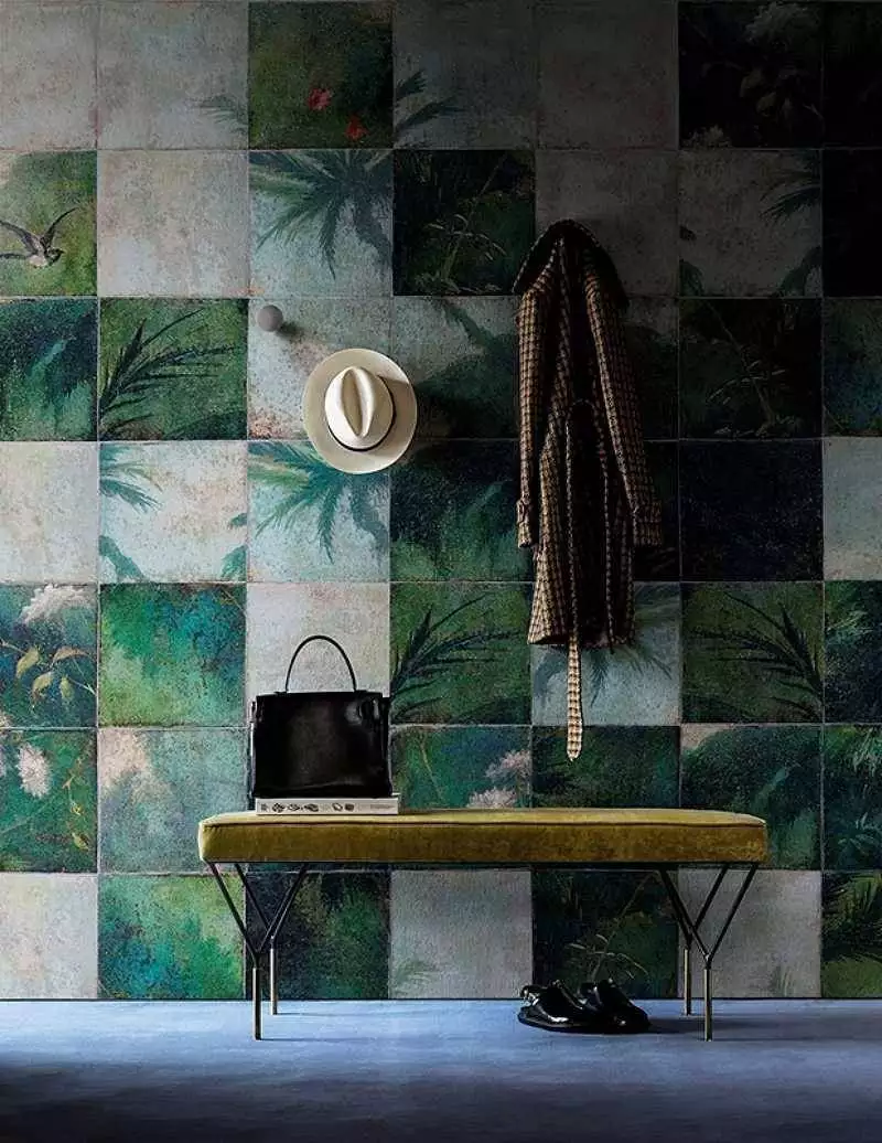 Exotic damier - Bäume - Fliesen - Kachel &amp - Creme - Grau - Grün - wall & decò