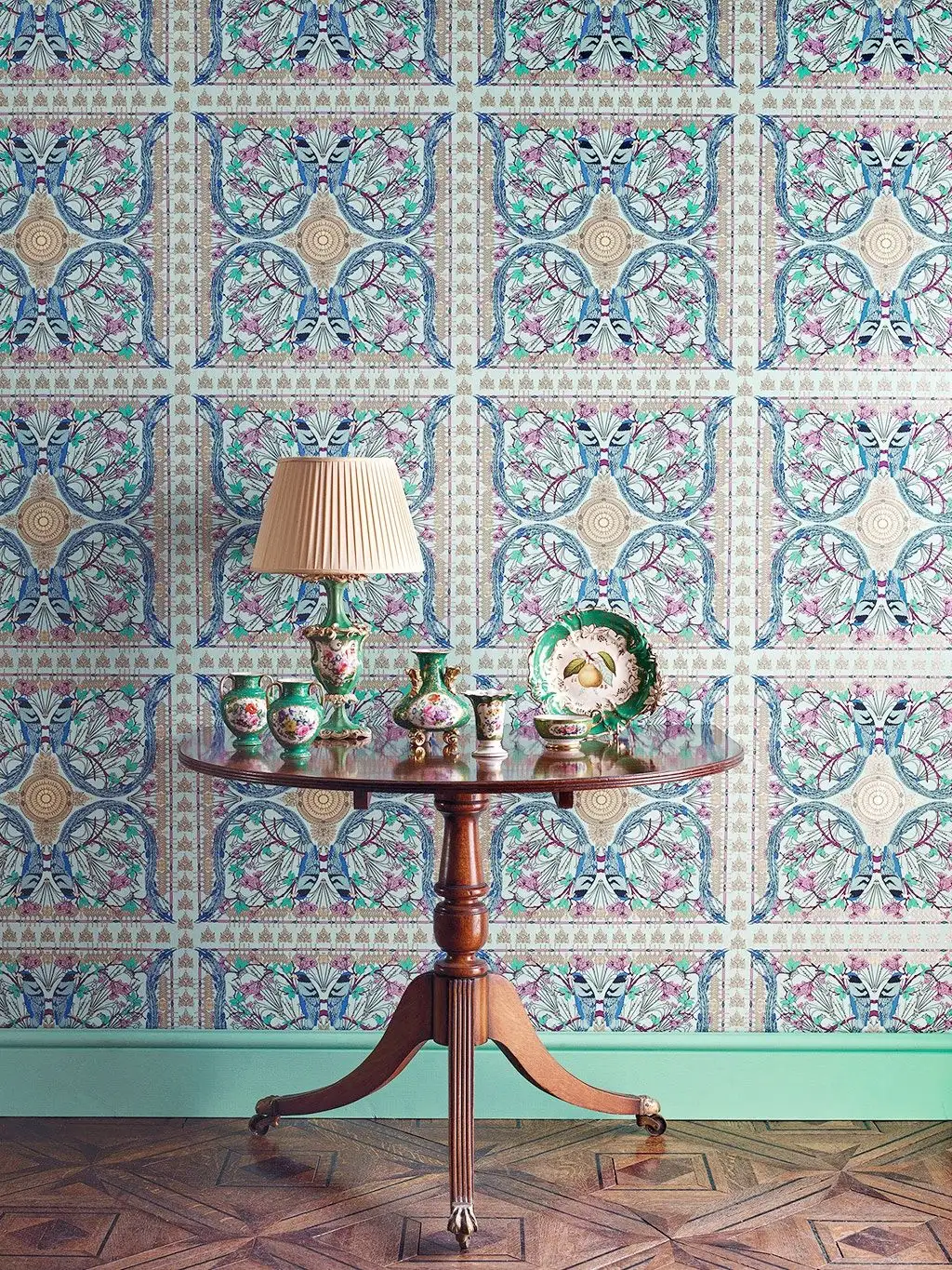 Lyrebird, col. 1 - Fliesen - Kachel &amp - Ornamente Tapeten - Tapeten mit Vogelmotiven - Blau - Hellgrün - Türkis - Osborne & Little