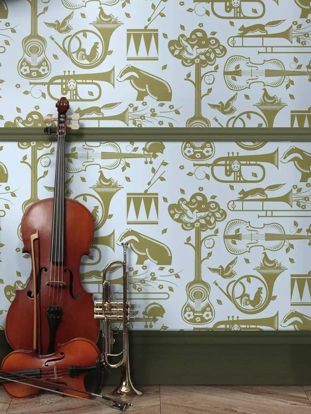 Pet Sounds, powder blue - Blätter - Gegenstände - Tier Tapeten - Hellblau - Olive - Mini Moderns
