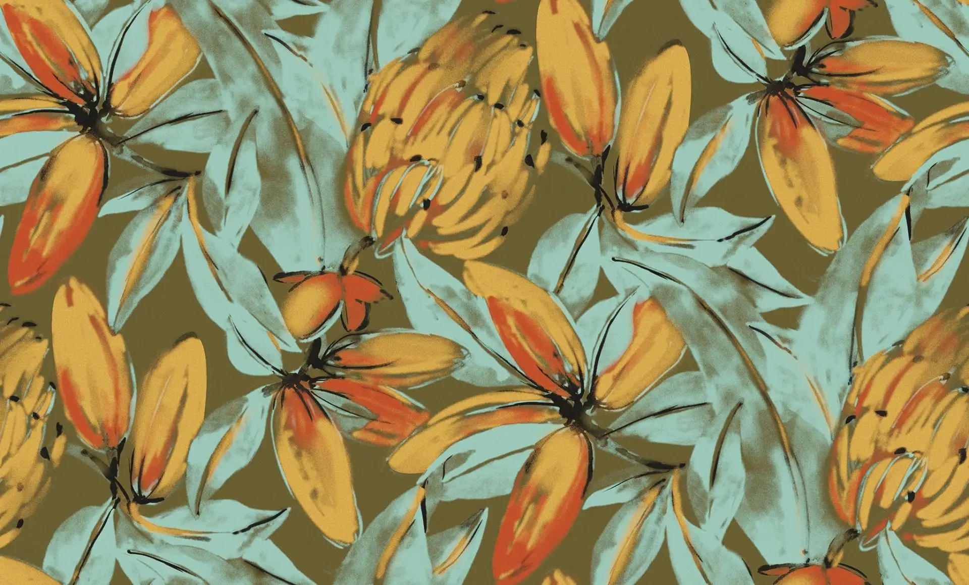 Constanza, Paradise - Blumen - Blätter - Früchte - Anthrazit - Gelb - Gold - Grün - Rot - Masureel